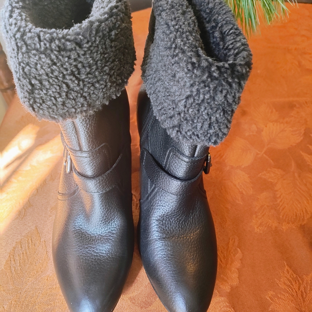 Anne Klein Sport Black Ankle Boots with Shearling Cuff